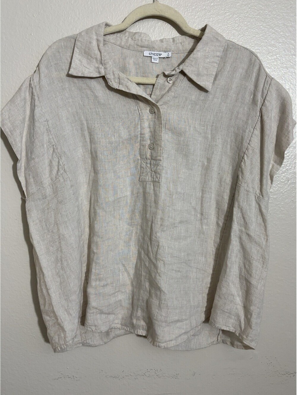 Chico's 100% Linen Beige Short Sleeve Shirt Size 3 US 16